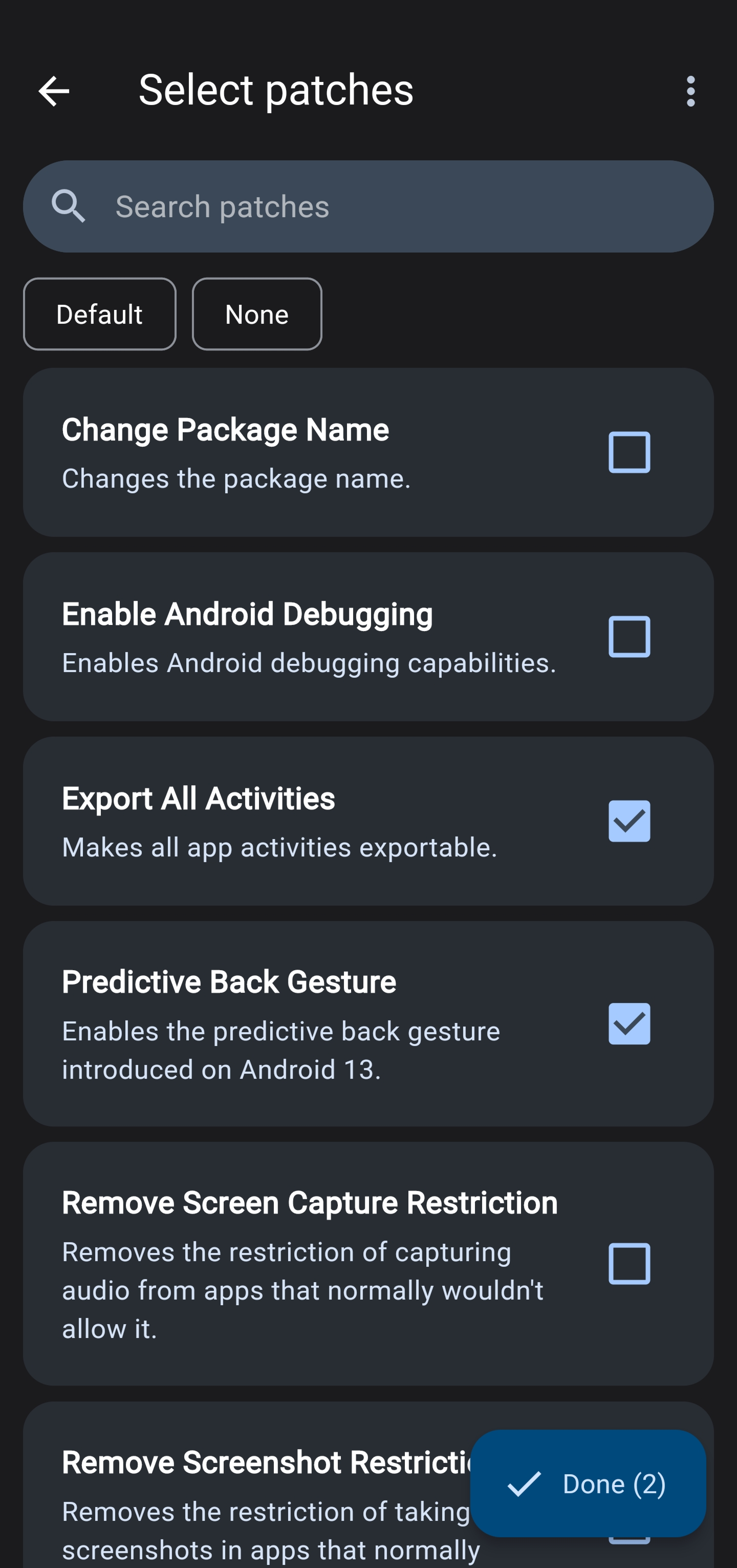 Screenshot of the ReVanced Manager, showing possible patches for a specific app